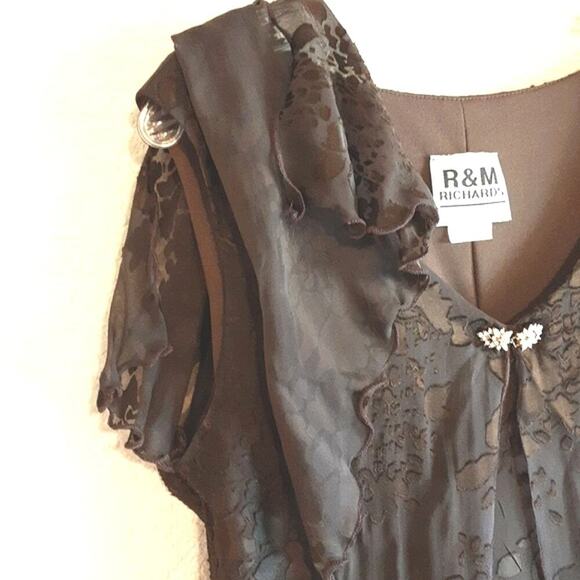 R & M Richards Vintage Brown 100% Silk Velvet Burnout Tiered Ruffled Dress 10 - Picture 4 of 9